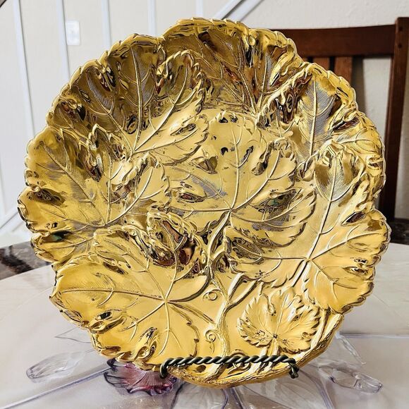 WMF GOLDEN 49er SERIES 24K GOLD ELECTROPLATE Leaves Round Hollwware Tray 10 3/8” - Picture 1 of 12